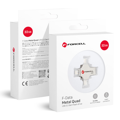 Pendrive 32GB USB 3.2 Gen 1 (USB A / USB C / Lightning / Micro USB) Forcell F-Data Metal Quad srebrny
