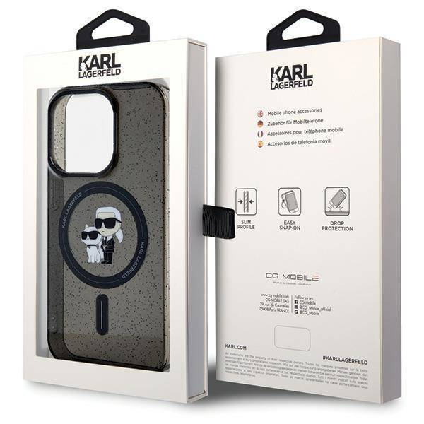 Karl Lagerfeld Karl&amp;Choupette Glitter MagSafe Hülle für iPhone 15 Pro – Schwarz