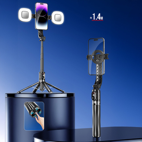 Blavec Selfie Stick Aluminium Fusion P07 Magsafe tripod + pilot + 2 lampy 1,4 metra (SSFP07-MTR2LB14) czarny