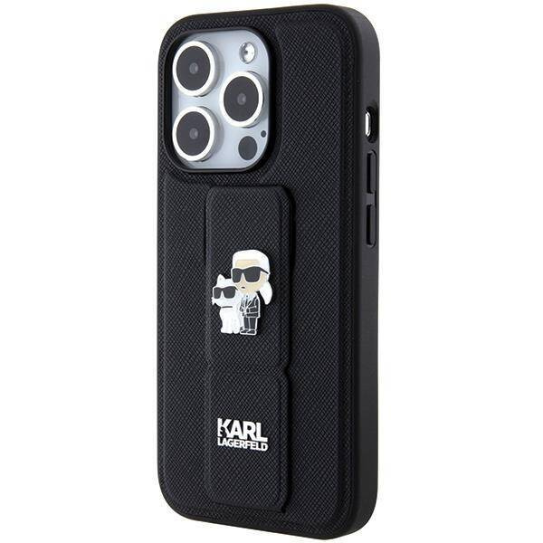 Karl Lagerfeld Gripstand Saffiano Karl&Choupette Pins Hülle für iPhone 15 Pro Max – Schwarz