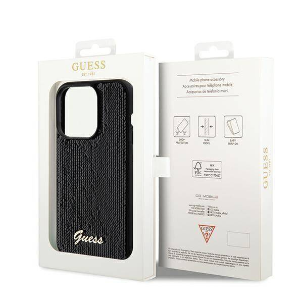 Guess nakładka do iPhone 14 Pro 6,1" GUHCP14LPSFDGSK HC SEQUIN SCRIPT METAL czarna