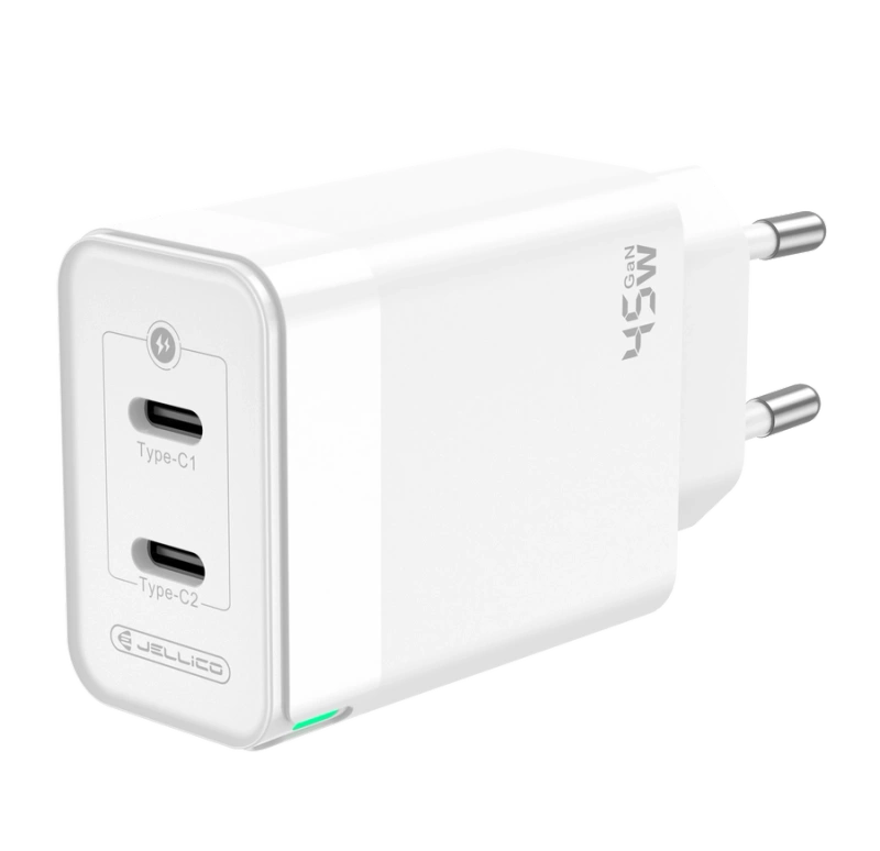 JELLICO Netz-Ladegerät C106 GaN PD 45W 2xUSB-C + Kabel USB-C - Lightning weiss