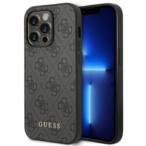 Guess GUHCP14LG4GFGR iPhone 14 Pro 6.1 &quot;Grau / Graues Hartschalenetui 4G Metal Gold Logo
