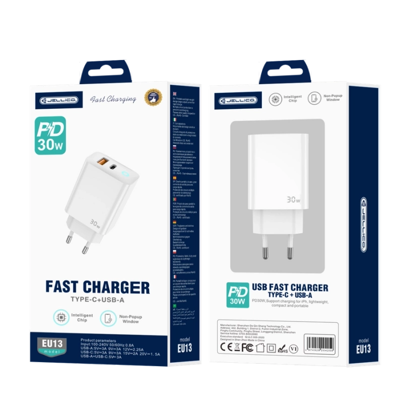 JELLICO ładowarka sieciowa EU13 GaN PD 30W 1xUSB-C + 1xUSB QC3.0 Biały