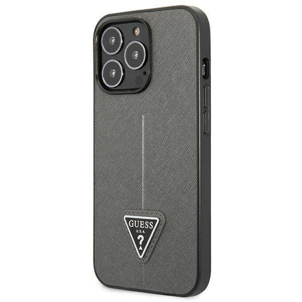 Original Handyhülle IPHONE 14 PRO Guess Hardcase Saffianotriangle Logo (GUHCP14LPSATLG) silber