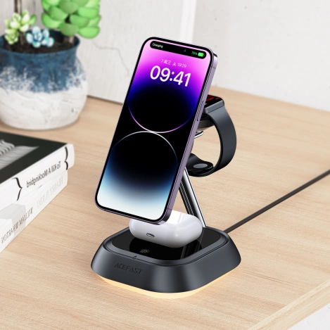 3in1 Acefast E16 15W induktive Ladestation für Telefon / Kopfhörer / Uhr - Schwarz
