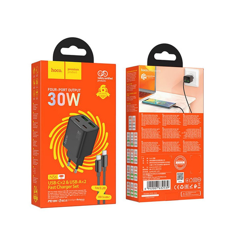 Ładowarka sieciowa do telefonu Hoco USB A + USB C QC3.0 PD 3A 20W + kabel USB C do Lightning N52 czarna