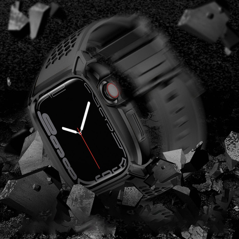 Kingxbar CYF148 2in1 Rugged Case for Apple Watch SE, 6, 5, 4 (44 mm) Stainless Steel with Strap Black