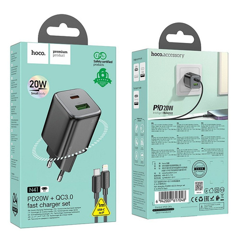 HOCO ładowarka sieciowa USB A + Typ C + kabel Typ C do Lightning PD QC 3A 20W N41 czarna
