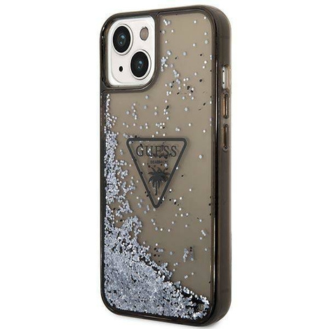 Original Handyhülle IPHONE 14 PLUS Guess Hardcase Liquid Glitter Palm Collection transparent schwarz