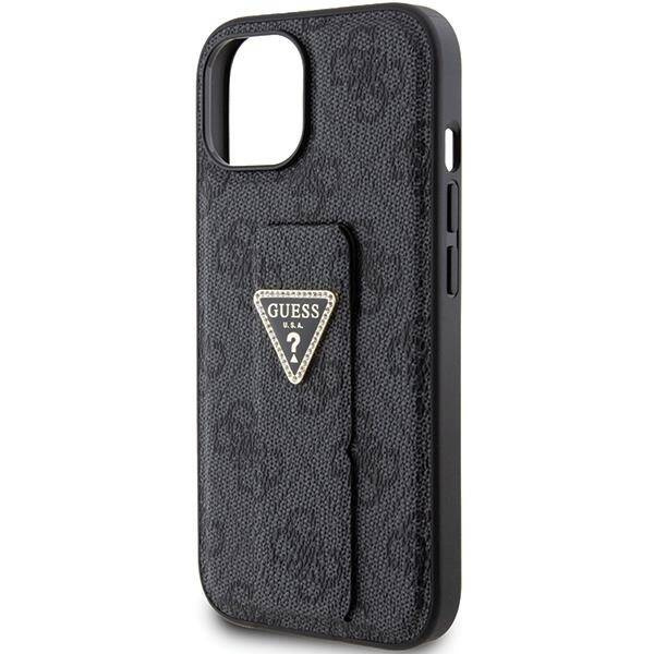 Guess Grip Stand 4G Triangle Strass Hülle für iPhone 15 – Schwarz