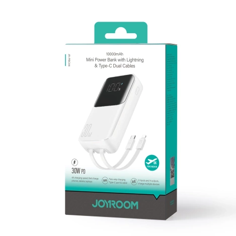 Mini power bank with built-in cables Joyroom JR-PBC06 30W 10000mAh - white