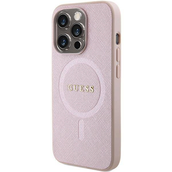 Guess Saffiano MagSafe Hülle für iPhone 15 Pro – Rosa