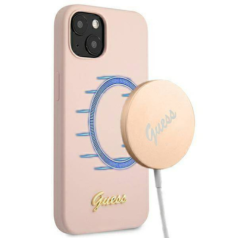 Guess GUHMP13MLSLMGLP iPhone 13 6.1 &quot;Hellrosa / Hellrosa Hardcase Silikonschrift Gold Logo Magsafe