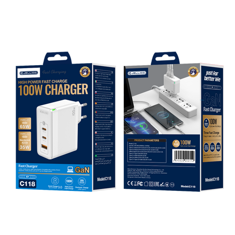 Ładowarka Sieciowa GaN 100W 1x QC3.0 USB + 2x PD USB-C Jellico C118 biała