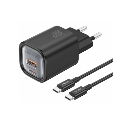 FONENG Netz-Ladegerät EU71 PD 30W 1xUSB-C + 1xUSB QC3.0 + kabel USB-C - USB-C schwarz