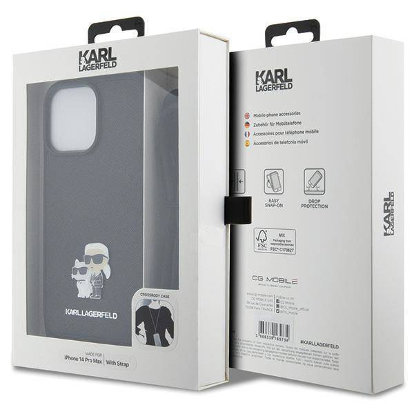 Original Case IPHONE 14 PRO MAX Karl Lagerfeld Hardcase Crossbody Saffiano Metal Pin Karl & Choupette (KLHCP14XSAKCPSK) black
