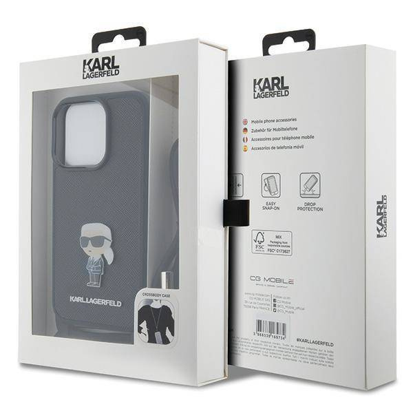 Karl Lagerfeld Crossbody Saffiano Monogram Metal Pin Karl &amp; Choupette Case for iPhone 15 Pro - Black