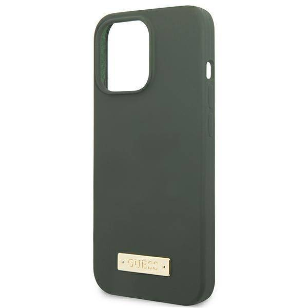 Oryginalne Etui IPHONE 13 PRO MAX Guess Hard Case Silicone Logo Plate MagSafe (GUHMP13XSPLA) zielone