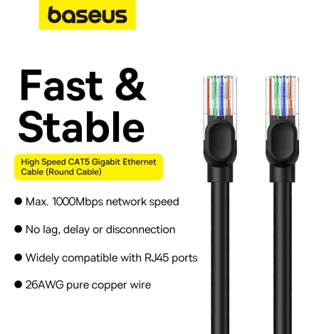 Baseus High Speed ​​Cat 5 RJ-45 1000 Mbit/s Ethernet-Kabel 8 m rund – Schwarz