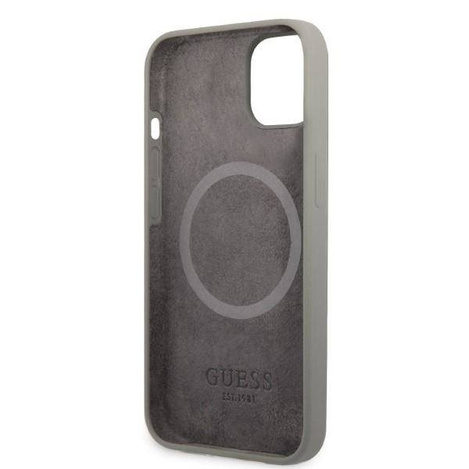 Original Handyhülle IPHONE 13 MINI Guess Hard Case Silicone Logo Plate MagSafe (GUHMP13SSPLG) grau