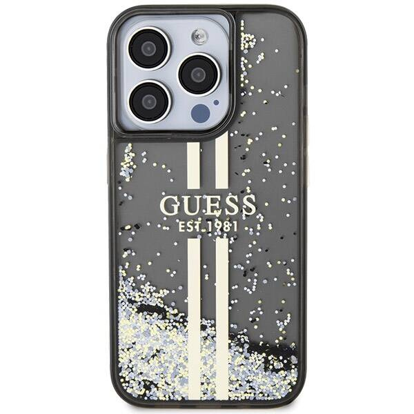 Oryginalne Etui GUESS Hardcase GUHCP15LLFCSEGK do iPhone 15 Pro (Liquid Glitter Gold Stripes / czarny)