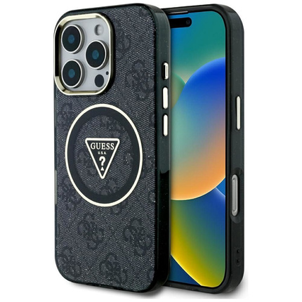 GUESS futerał do IPHONE 16 Pro Max kompatybilny z MagSafe GUHMP16XHG4PRTGK (IML Metal Glitter 4G Circle Triangle) czarny