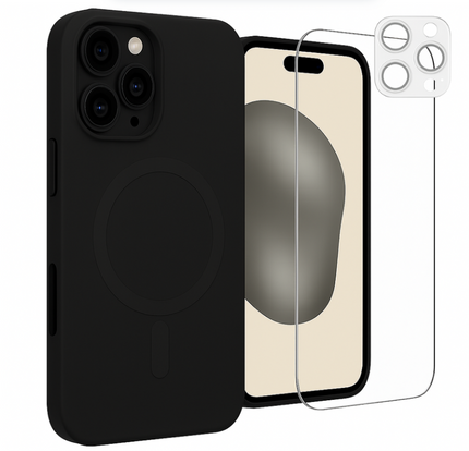 Etui do iPhone 16 Pro Max czarne MagSafe + Szkło na ekran + Szkło na aparat