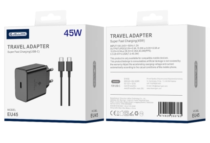 JELLICO ładowarka sieciowa EU45 GaN PD 45W 1xUSB-C + kabel USB-C - USB-C Czarny