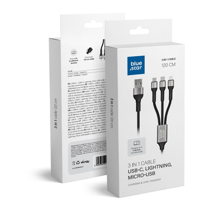Kabel Blue Star z oplotem 3w1 ze złączami micro USB, USB C i Lightning 3A